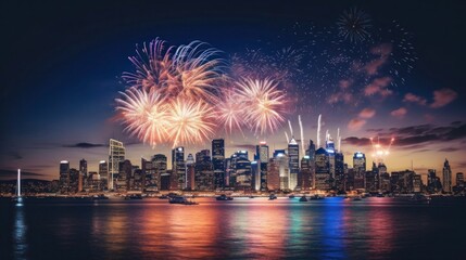 the cityscape at the stroke of midnight on New Year's Eve