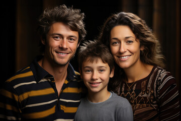 Fototapeta premium Generative AI illustration of portrait of smiling mother and father hugging cute little son while standing in dark room together looking at camera