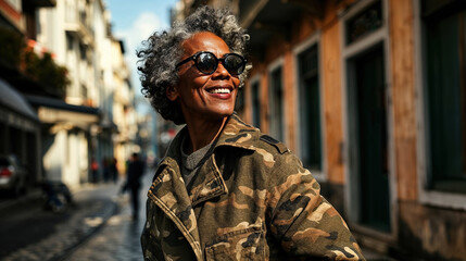 Fototapeta premium Generative AI image of a joyful black senior woman in sunglasses