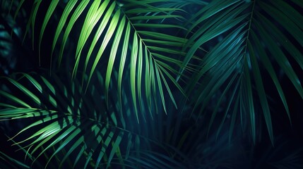 Palm tree leaves and branches, lush green foliage.