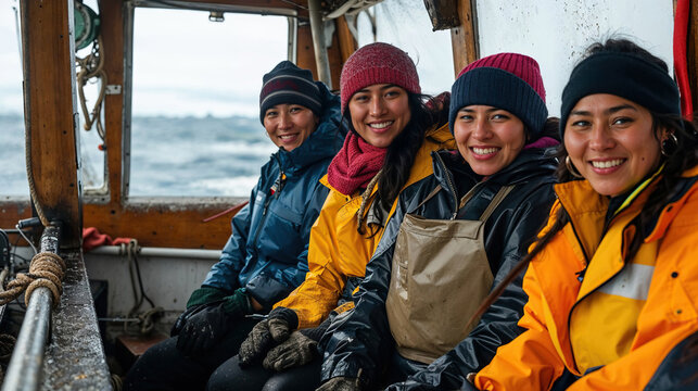 Portrait of empowered women smiling together on a boat. Generative AI image