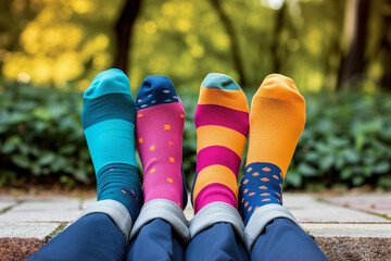 A pair of feet wearing brightly colored odd socks. Person wearing patterned socks with feet up. A man in crazy multi-coloured socks with feet. Odd socks day, anti-bullying week social concept.