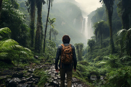 Generative AI image of adventurer in lush rainforest