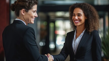 Smiling young businesswoman shaking hands with a coworker during a meeting. Business cooperation. Agree to work together  