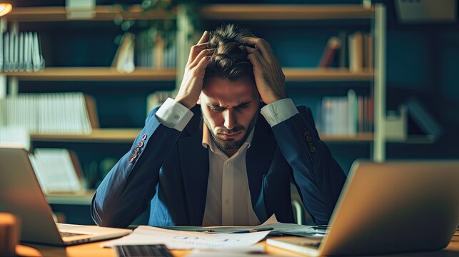 Stressed man feeling tired and headache. Problems in the workplace, overwork, migraine 
