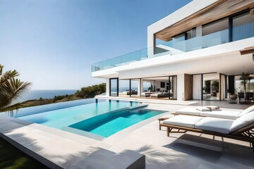 A luxurious villa with a white modern house, pool, and an awe-inspiring sea view panorama