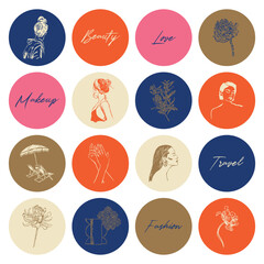 Set of hand drawn line art woman and botanical illustrations for social media highlight covers