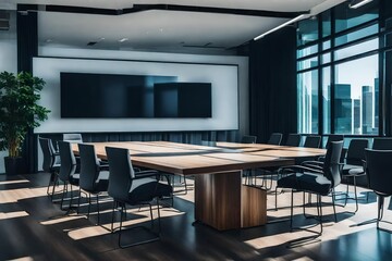 An empty meeting room with a blank TV, table, and seats—a versatile canvas for corporate creativity