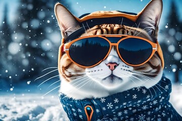 A cute cat in trendy winter clothes and sunglasses brings humor to the snowy landscape in HD