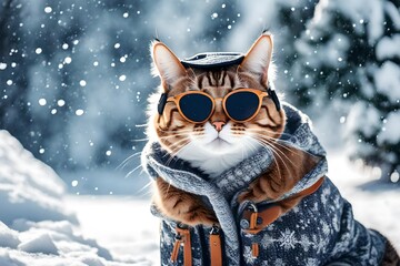 A funny anthropomorphic cat wears chic winter attire and sunglasses, creating a delightful HD winter scene