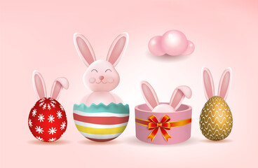 Easter bunny with colorful Easter eggs. Happy Easter holiday concept,
 minimalistic style, 3d vector. Space for copying.