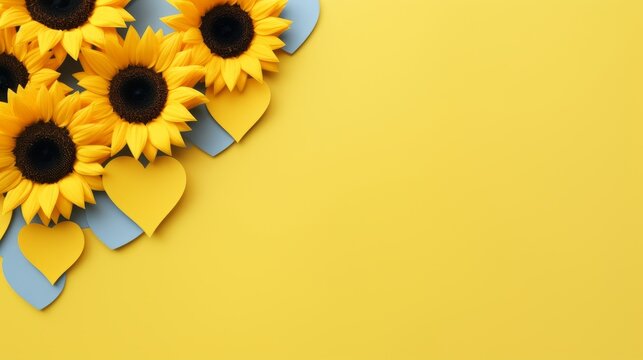 Beautiful sunflowers on a yellow background with hearts. Love and romantic background