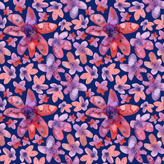 Seamless pattern of watercolor pink purple flowers. Botanical hand painted floral elements. Hand drawn illustration on dark blue background. For wallpaper, wrapping paper, eco bag, fabric.