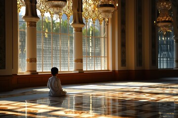 Muslim Male Child praying in empty Mosque Masjid, Islamic ramadan Eid ul Fitr Azha  - obrazy, fototapety, plakaty