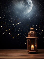 Obraz na płótnie Canvas Arabic lantern on a wooden table full of clouds with a background of leaves at night and the moon, copy space - generative ai