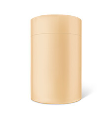 Kraft paper brown tube package mockup. You can add own custom label. Vector illustration isolated on white background. Can be used for food, cosmetic, medical. Vector illustration. EPS10.