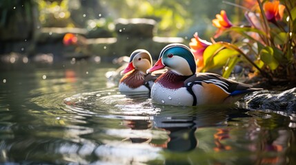 Mandarin Duck swimming in a autumn pond closeup - obrazy, fototapety, plakaty