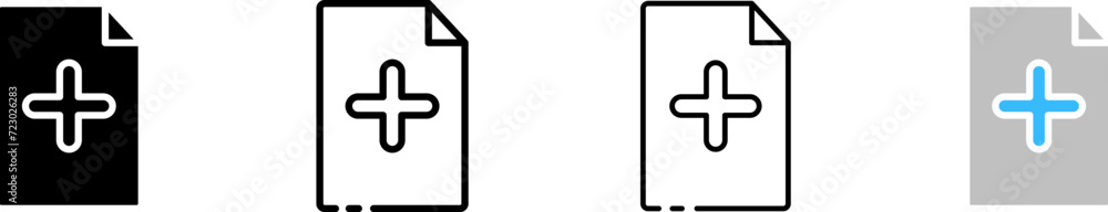 Poster file with plus icon set. add file button. silhouette, linear, and flat style. vector icons.