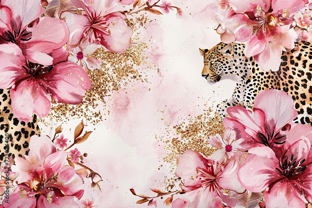 Poster leopard print watercolor with pink and flowers on background with golden glitter for product card