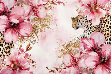 leopard print watercolor with pink and flowers on background with golden glitter for product card