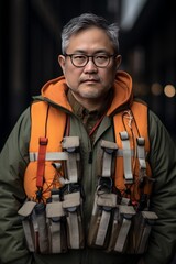 Adult asian mid-aged man wearing vest with lots of pockets. He stands with glasses and looks into the camera