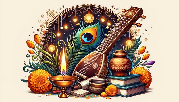 Vasant panchami celebration background with veena and arrangement 