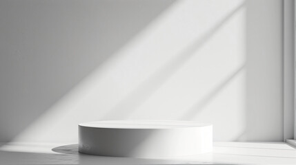 White hard pedestal on isolated white background sleek geometric design. Studio podium spotlight