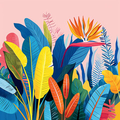 Light illustration of Individual standing rare tropical plants such as monstera, bird of paradise