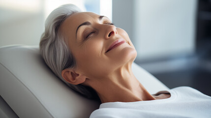 A close-up capturing the tranquility of a mature woman relaxing at a beauty clinic, receiving a facial skincare treatment - Powered by Adobe