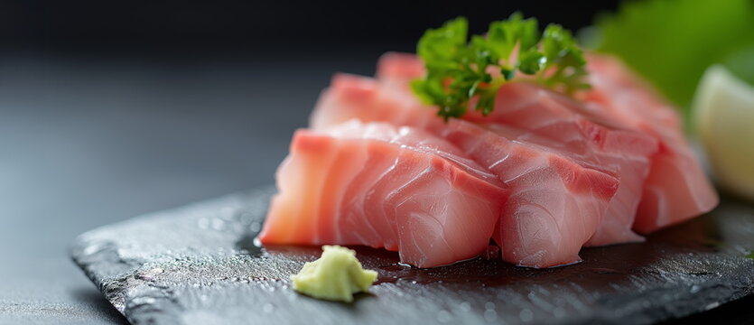 Japanese Restaurant. Japanese food. Very versatile typical high quality Japanese sushi fish with wasabi. Shot with shallow depth of field. Good meat color and texture.
