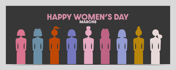 International Women's Day, March 8 banner, cover, poster, greeting card, label, flyer with group of women in vibrant color palette
