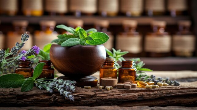 Various types of traditional natural herbal medicines on wooden board. AI generated image