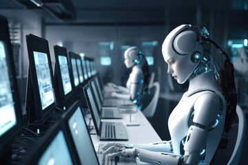 Ai robot using laptop at office background. Technology future concept. Generative ai. - obrazy, fototapety, plakaty