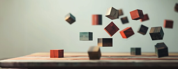Aerial motion of earthy colored block fragments.