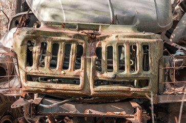 radiator rusty army truck in the forest in Chernobyl