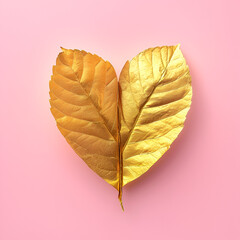 Golden leaf background with heart on pink background, in the style of sculptural paper constructions.