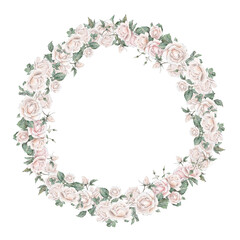 Watercolor invitation design with light cream roses and leaves. Botanical watercolor illustration flower. Template with floral elements. Wreath or round frame hand draw on isolated background