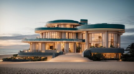 Luxurious Art Deco style home on the beach with sleek lines. geometric shapes and the soft lights that illuminate the front of the building