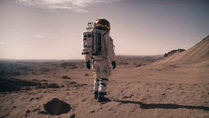 Astronauts land on the surface of a newly discovered distant planet. Astronaut in space suit exploring space