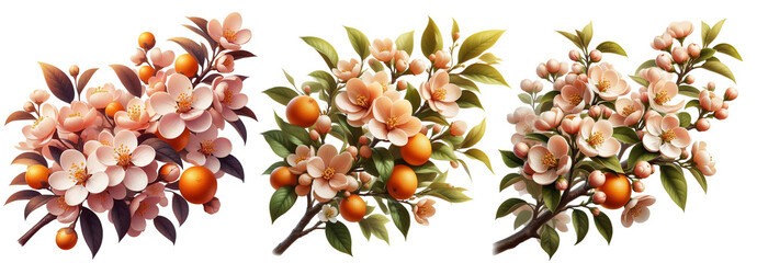 Mandarin, tangerine tree branch with fruits, flowers and leaves. Element for design.