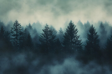 A misty mountain landscape with a forest of pine trees in a vintage retro style. The environment is portrayed with clouds and mist, creating a vintage and atmospheric imagery of a tree-covered forest.