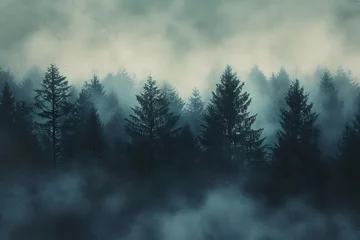 Fotobehang A misty mountain landscape with a forest of pine trees in a vintage retro style. The environment is portrayed with clouds and mist, creating a vintage and atmospheric imagery of a tree-covered forest. © jex