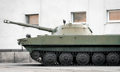 military army equipment armored tank on a city street in Ukraine