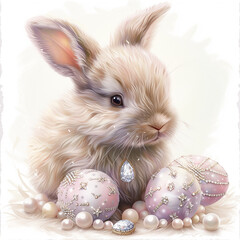 cute clipart of a little baby easter bunny with fluffy fur between easter eggs with diamonds and...