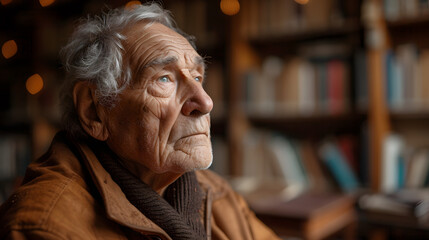 Aging man contemplating life with wrinkles in the library with books, by the window - obrazy, fototapety, plakaty