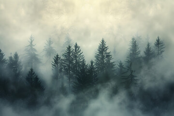 A misty mountain landscape with a forest of pine trees in a vintage retro style. The environment is portrayed with clouds and mist, creating a vintage and atmospheric imagery of a tree-covered forest.