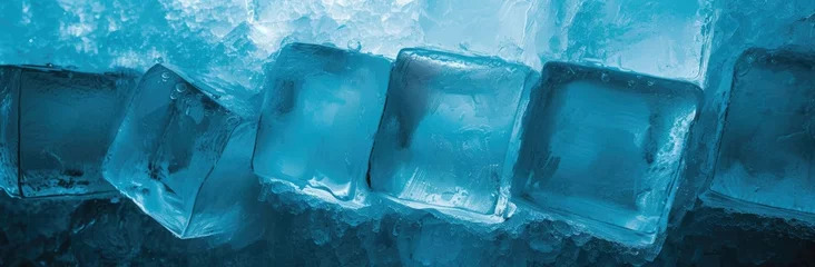 Fotobehang The cool allure of ice cubes against a bluish backdrop, evoking a sense of frozen tranquility. © Murda