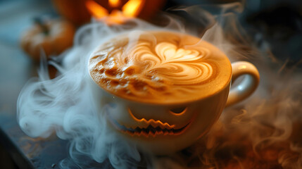 Happy Halloween, cup of coffee with smoke. Halloween-themed coffee art with smoke, Religious Festival, Generative Ai