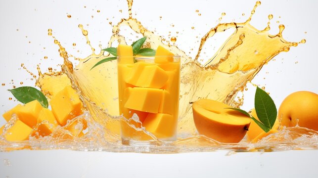 Mango juice in a glass. Splashes. Summer drink. tropical juice.