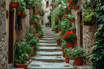 Charming Mediterranean Village: A Picturesque Summer View of an Ancient Italian Town with Narrow Stone Alleys and Colorful Flowers